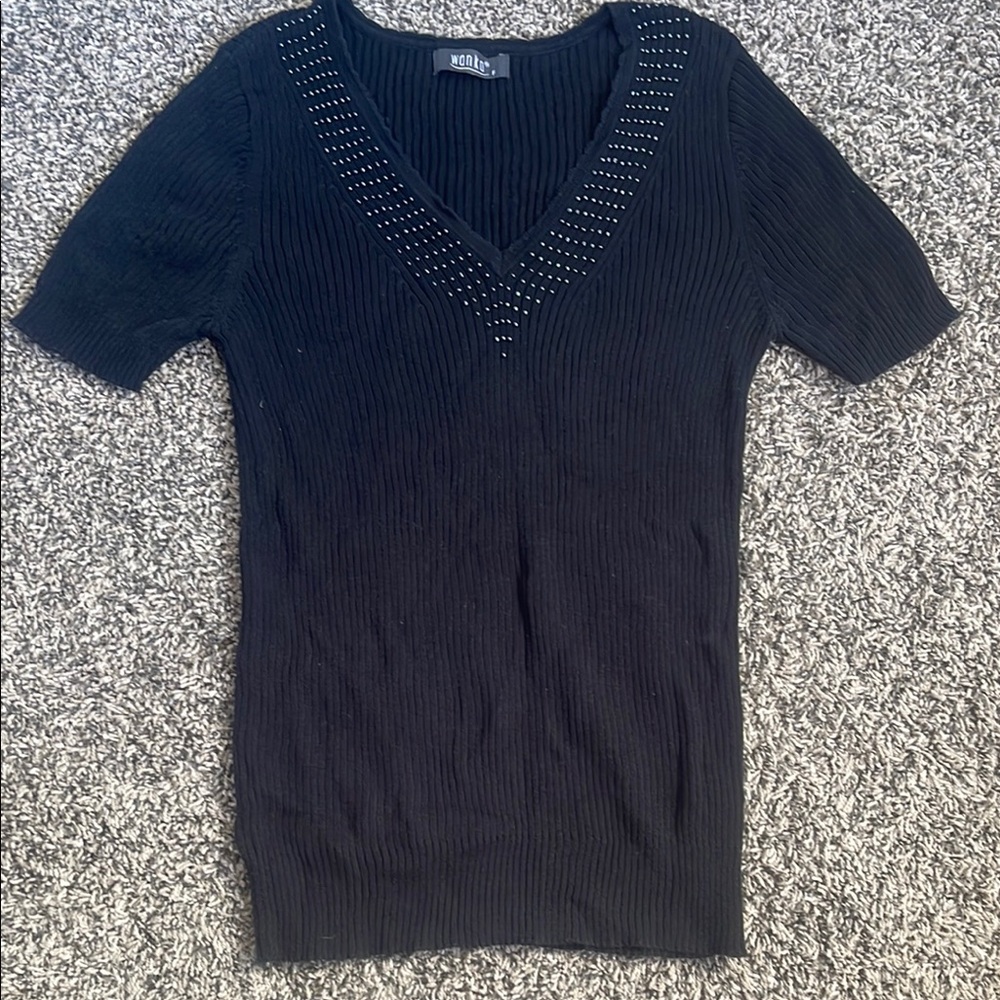 Womens top Ribbed Fitted Short Sleeve Blouse stretchy - see approx measurements